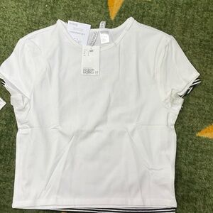 Divided 2-pack Short Sleeve Crop Top- Solid White and Black/White Stripe